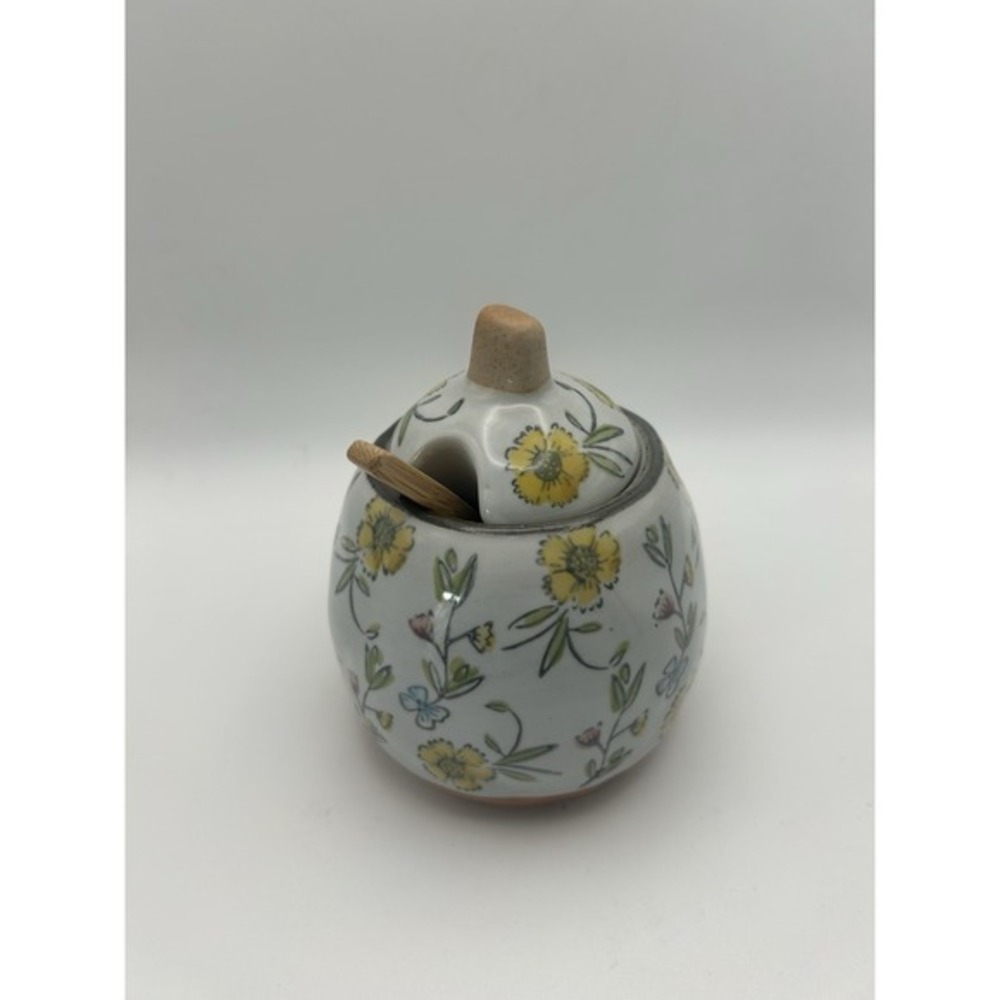 Creative Co-Op Hand Painted Spoon & Lid Stoneware Sugar Pot Flower Design
